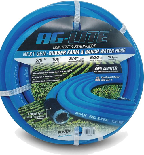 AG-Lite 100% Premium Rubber Water Hose Assembly 5/8" X 100', 3/4" Male and Female GHT Fittings.  500 PSI Burst Rating.  Includes Extra Washer and Bend Restrictor