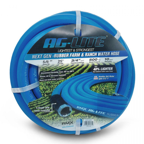 AG-Lite 100% caoutchouc de qualité supérieure Tuyau d’eau 5/8 » x 25', 3/4 » raccords GHT mâles et femelles.  Indice de rafale de 500 PSI.  Comprend une rondelle supplémentaire et un limiteur de courbure