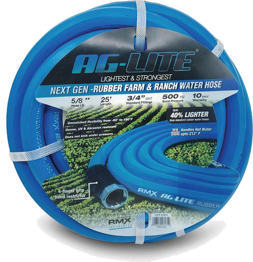 PG109 - AG-LITE 100% PREMIUM RUBBER WATER HOSE ASSEMBLY 5/8" X 25', 3/4" MALE & FEMALE GHT FITTINGS. 500 PSI BURST RATING. INCLUDES EXTRA WASHER & BEND RESTRICTOR.
