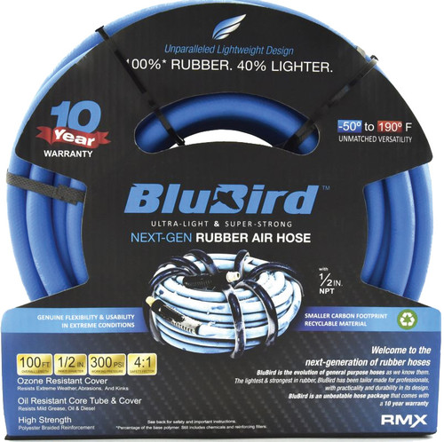 PG97 - BLUBIRD RUBBER AIR HOSE ASSEMBLY 1/2" X 100' - 1/2" MALE-NPT, 300 PSI, EPDM