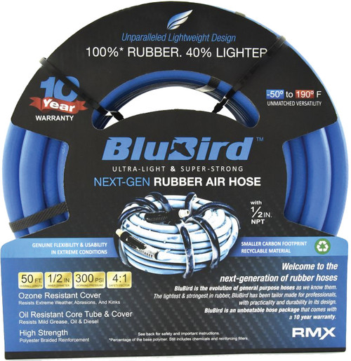 PG105 - BLUBIRD RUBBER AIR HOSE ASSEMBLY 1/2" X 50' - 1/2" MALE-NPT, 300 PSI, EPDM