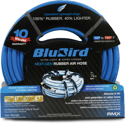 PG91 - ENSEMBLE DE TUYAU D’AIR EN CAOUTCHOUC BLUBIRD 1/4 » X 100' - 1/4 » MÂLE-NPT, 300 PSI, EPDM
