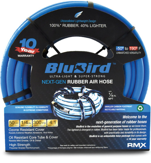 PG106 - BLUBIRD RUBBER AIR HOSE ASSEMBLY 1/4" X 50' - 1/4" MALE-NPT, 300 PSI, EPDM