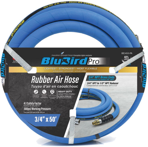 PG91 - ENSEMBLE TUYAU D’AIR EN CAOUTCHOUC BLUBIRD PRO 3/4 » X 50' - 3/4 » HOMME-NPT, 300 PSI, EPDM