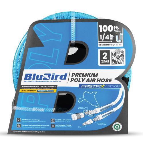 BluBird Poly Air Hose Assembly 1/4" X 100' with Fast FiX Field Repairable Fitting and Quick Connect Coupler