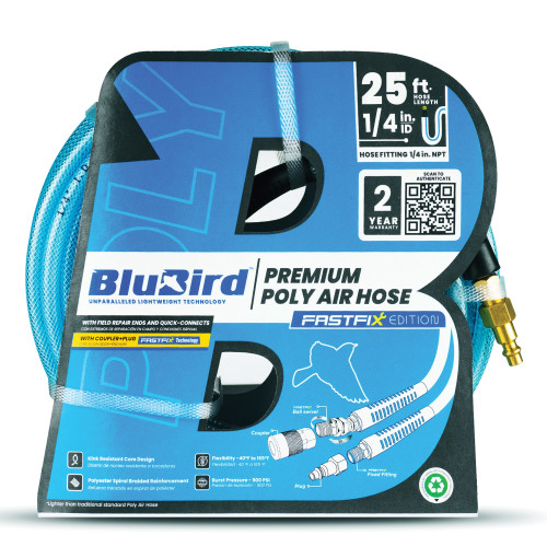 BluBird Poly Air Hose 1/4" X 25'- with Fast FiX Field Repairable Fitting and Quick Connect Coupler