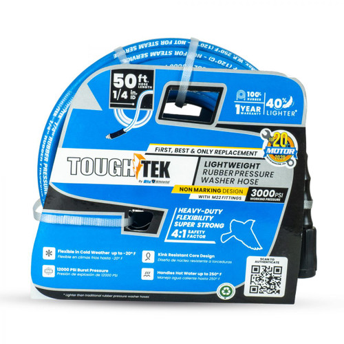 Tuyau de lavage à pression en caoutchouc Blu Shield Tough Tek 1/4" X 50' avec raccords M22 non marquants (3000:12000 PSI) - BLB-TTPW1450-NM