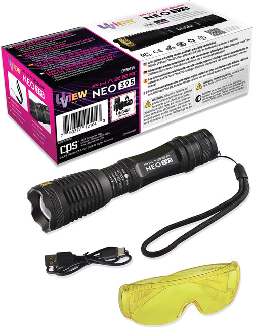 PG406 - PHAZER™ NEO 395 - RECHARGEABLE UV LEAK DETECTION LIGHT, 4849 UV POWER RATING, INCL. GLASSES & USB-C CABLE