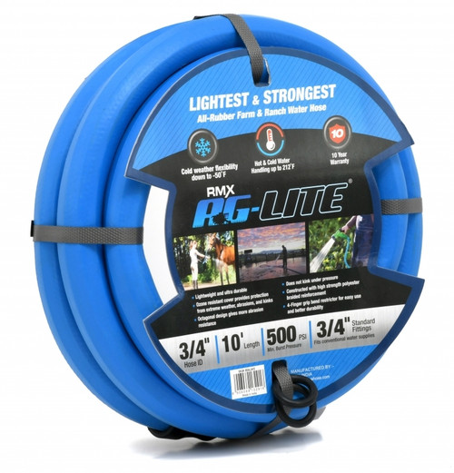 AG-Lite 100% Premium Rubber Water Hose Assembly 3/4" X 10', 3/4" Male and Female GHT Fittings.  500 PSI Burst Rating.  Includes Extra Washer and Bend Restrictor