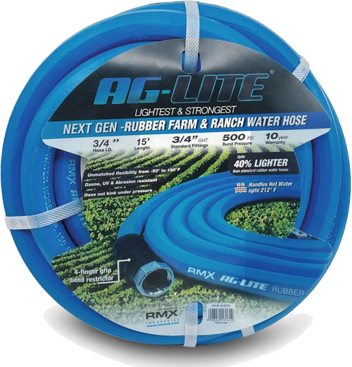 Tuyau d'arrosage AG-Lite 100 % caoutchouc de première qualité, 19 mm x 4,57 m, raccords GHT mâles et femelles 19 mm. Résistance à l'éclatement : 500 psi. Rondelle et limiteur de courbure inclus.