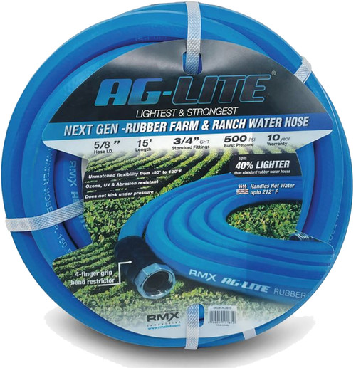 Tuyau d'arrosage AG-Lite 100 % caoutchouc de première qualité, 5/8 po x 15 pi, raccords GHT mâles et femelles 3/4 po. Résistance à l'éclatement : 500 psi. Rondelle et limiteur de courbure inclus.
