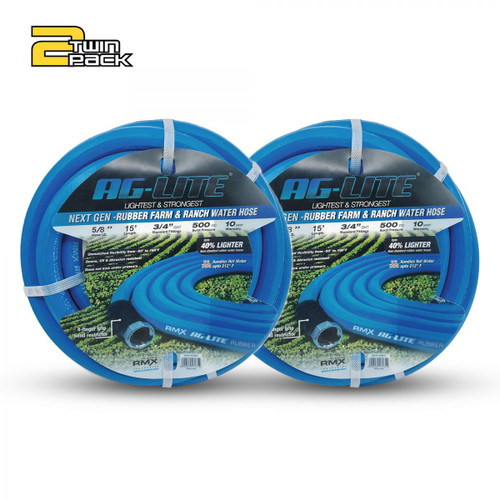 AG-Lite 100% Premium Rubber Water Lead In Hose, 5/8" X 15', 3/4" Male and Female GHT Fittings.  500 PSI Burst Rating.  Includes Extra Washer and Bend Restrictor.  2 Pack