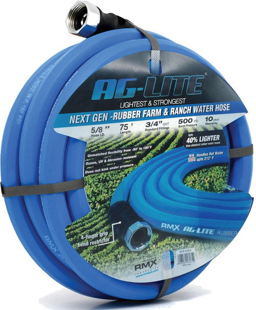 Tuyau d'arrosage AG-Lite 100 % caoutchouc de première qualité, 5/8 po x 75 pi, raccords GHT mâles et femelles 3/4 po. Résistance à l'éclatement : 500 psi. Rondelle et limiteur de courbure inclus.