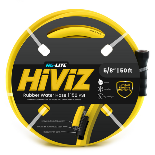 Ensemble de boyaux d’eau en caoutchouc Ag-Lite HiViZ 100% haut de gamme 5/8 » x 100', 3/4 » mâle et femelle GHT.  Puissance de 500 PSI.  Inclut une rondelle supplémentaire et un restricteur de flexion EZ grip
