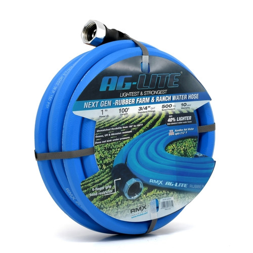 AG-Lite 100% Premium Rubber Water Hose Assembly 1" X 100', 3/4" Male and Female GHT Fittings.  500 PSI Burst Rating.  Includes Extra Washer and Bend Restrictor