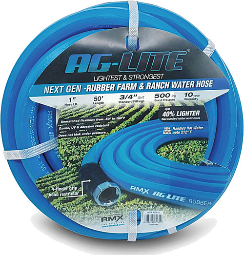 PG109 - AG-LITE 100% PREMIUM RUBBER WATER HOSE ASSEMBLY 1" X 50', 3/4" MALE AND FEMALE GHT FITTINGS.  500 PSI BURST RATING.  INCLUDES EXTRA WASHER AND BEND RESTRICTOR