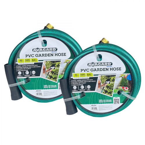 Tuyau d’eau en PVC Avagard 5/8 » x 15', 3/4 » raccords GHT mâles et femelles.  Indice de rafale de 500 PSI.  Comprend une rondelle supplémentaire et un limiteur de pli.  Paquet de 2 - BLB-AVGPV3415-2PK