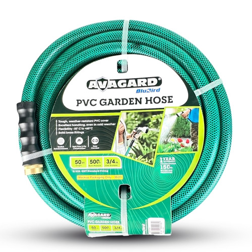 Tuyau d’eau en PVC Avagard 3/4 » x 50', 3/4 » raccords GHT mâles et femelles.  Indice de rafale de 500 PSI.  Comprend une rondelle supplémentaire et un limiteur de courbure