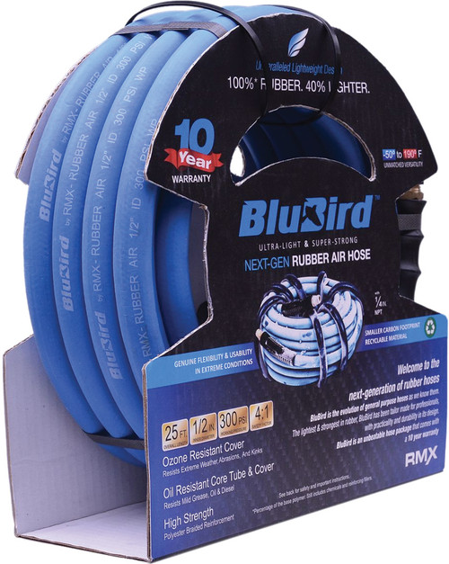 PG106 - ENSEMBLE DE TUYAU D'AIR EN CAOUTCHOUC BLUBIRD 1/2" X 25' - 1/2" MÂLE-NPT, 300 PSI, EPDM