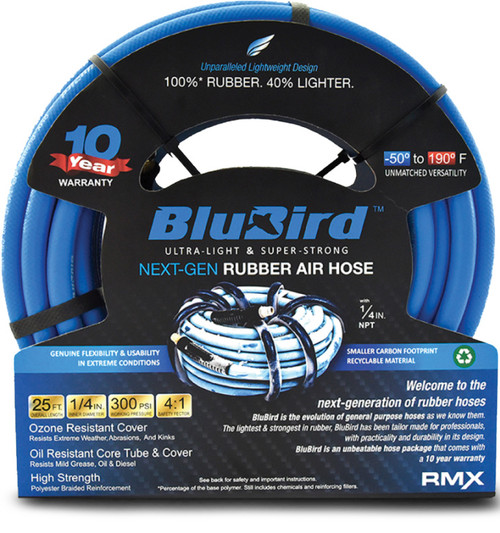 PG106 - BLUBIRD RUBBER AIR HOSE ASSEMBLY 1/4" X 25' - 1/4" MALE-NPT, 300 PSI, EPDM