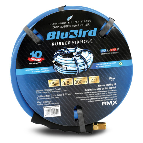 BluBird Rubber Air Hose Assembly 3/8" X 15' - 3/8" Male-NPT, 300 PSI, EPDM
