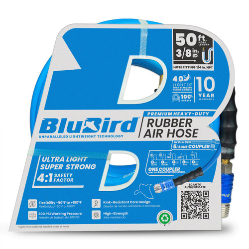 Tuyau d’air en caoutchouc BluBird 3/8 » X 50'- 3/8 » mâle-NPT, 300 PSI, EPDM avec coupleur universel 5 en 1