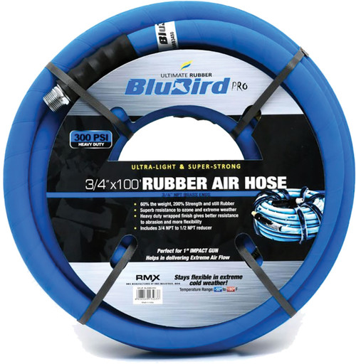 PG91 - ENSEMBLE TUYAU D’AIR EN CAOUTCHOUC BLUBIRD PRO 3/4 » X 100' - 3/4 » MÂLE-NPT, 300 PSI, EPDM