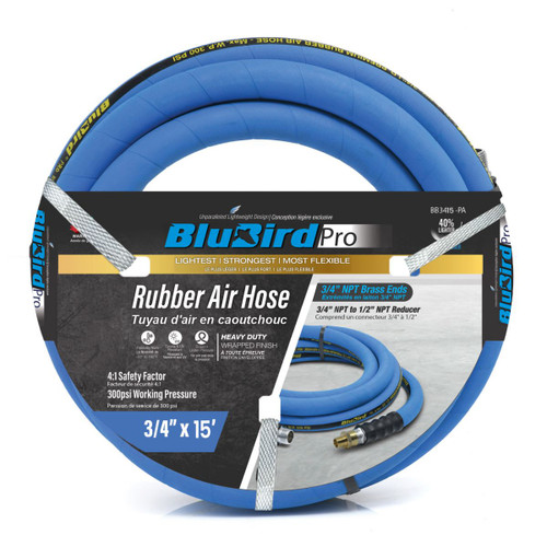 Tuyau d’air en caoutchouc BluBird Pro 3/4 » X 15' - 3/4 » mâle-NPT, 300 PSI, EPDM