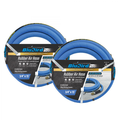 Tuyau d’air en caoutchouc BluBird Pro 3/4 » X 15'- 3/4 » mâle-NPT, 300 PSI, EPDM, paquet de 2
