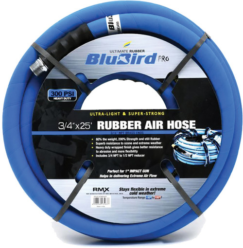 PG91 - ENSEMBLE TUYAU D’AIR EN CAOUTCHOUC BLUBIRD PRO 3/4 » X 25'- 3/4 » MÂLE-NPT, 300 PSI, EPDM