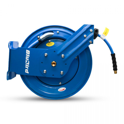 BluBird Rubber 1/2" X 100' Air Hose Dual Arm XL 18 Gauge Retractable Reel.  Includes 3' Jumper Hose, 3/8" Male-NPT, 300 PSI, EPDM
