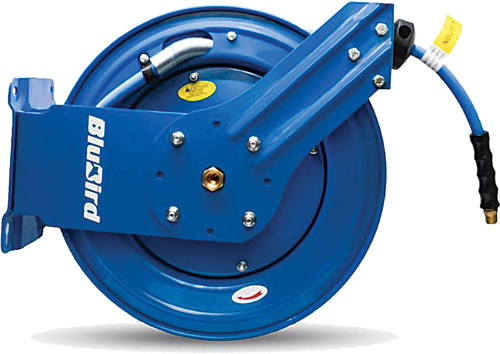PG109 - Tuyau d'air en caoutchouc BLUBIRD 1/2" x 100', enrouleur double bras XL, calibre 18, rétractable. Comprend un tuyau de raccordement de 3', raccord mâle 3/8" NPT, pression 300 PSI, EPDM