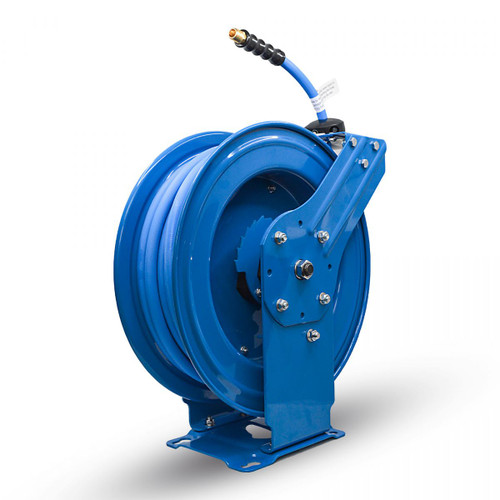 BluBird Rubber 1/2" X 50' Air Hose Dual Arm 18 Gauge Retractable Reel.  Includes 3' Jumper Hose, 3/8" Male-NPT, 300 PSI, EPDM
