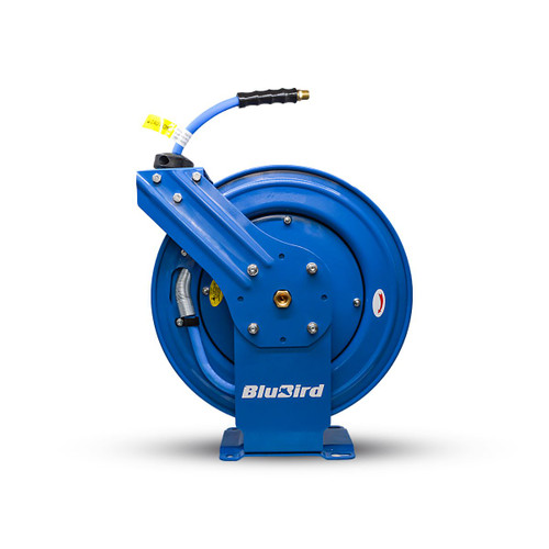 BluBird Rubber 3/8" X 50' Air Hose Dual Arm 18 Gauge Retractable Reel.  Includes 3' Jumper Hose, 3/8" Male-NPT, 300 PSI, EPDM