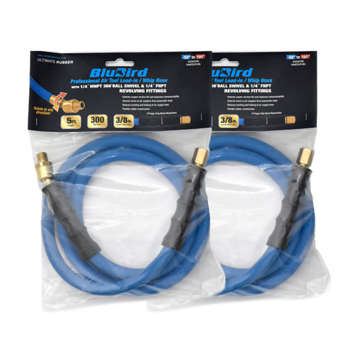 BluBird Rubber Air Hose Whip / Snubber 3/8" X 5'- 3/8" Male-NPT, 300 PSI, EPDM, 2 Pack