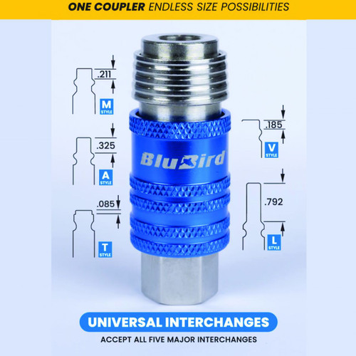 5-in-1 Coupler w/ 1/4" Female Thread.  (M-Style), High Flow (V-Style), Automotive (T-Style), ARO (A-Style), and Lincoln (L-Style)