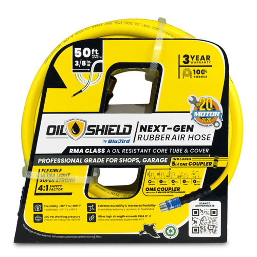 Tuyau d’air en caoutchouc OilShield 3/8 » X 50' - 3/8 » mâle-NPT, 300 PSI, nitrile de classe A avec coupleur universel 5 en 1