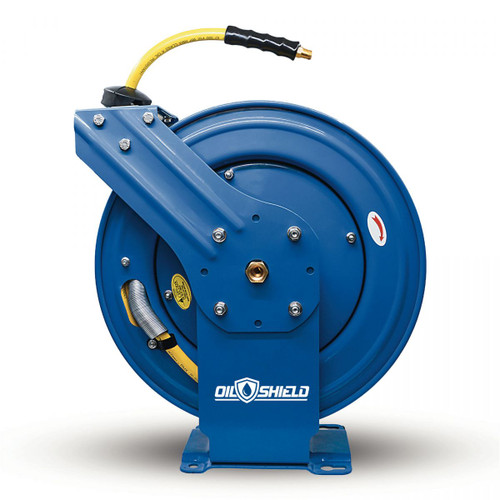OilShield, classe A, moulinet rétractable en caoutchouc 3/8" x 100' Air Hose Dual Arm XL 18 Gauge.  Comprend un tuyau de démarrage de 3 pi, 3/8 po mâle-NPT, 300 PSI, nitrile