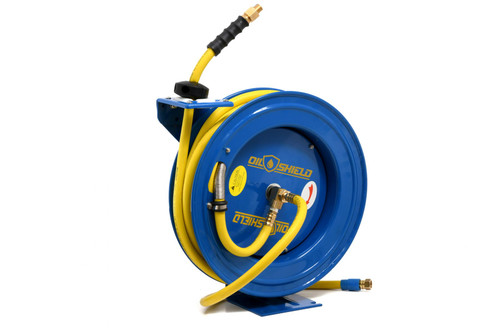 OilShield, classe A, tuyau d’air en caoutchouc 1/2" x 50' à bras unique enrouleur de tuyau rétractable de calibre 18.  Comprend un tuyau de démarrage de 3 pi, 3/8 po mâle-NPT, 300 PSI, nitrile