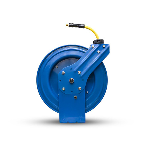 OilShield, classe A, manœuvre d’air en caoutchouc 3/8" x 75' tuyau d’air à bras unique enrouleur rétractable de calibre 18.  Comprend un tuyau de démarrage de 3 pi, 3/8 po mâle-NPT, 300 PSI, nitrile