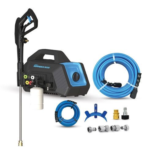 Blu Shield 3000PSI Nettoyeur haute pression à bosse (boîtier, motopompe et accessoires + tuyau d’entrée 3415) avec plaque de montage mural et support de tuyau + tuyau PW de 1/4 po X 50 pi