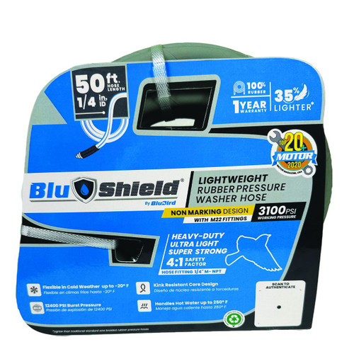 Tuyau de nettoyeur haute pression en caoutchouc Blu Shield 1/4" X 50' avec raccords M22 non marquants (3000:12000 PSI)