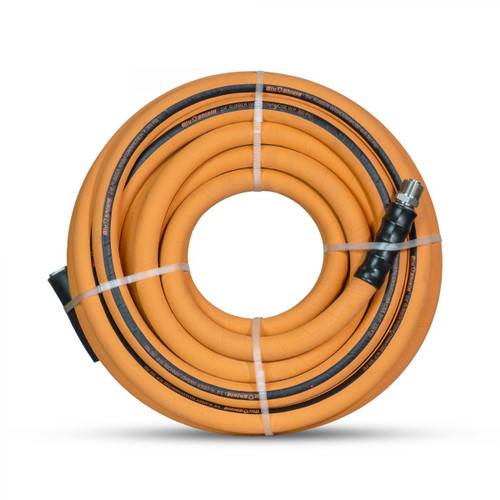 Tuyau de lavage 100% caoutchouc. Raccords GHT mâles et femelles de 3/4 po x 50 pi.  Indice de rafale de 500 PSI.  Comprend une rondelle supplémentaire et un limiteur de courbure EZ Grip