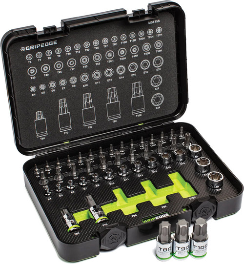 PG123 - 45-PC 1/4", 3/8", 1/2" DR. MASTER RPT TORX® DRIVER SET, T6-T100, T8H-T55H, E4-E24