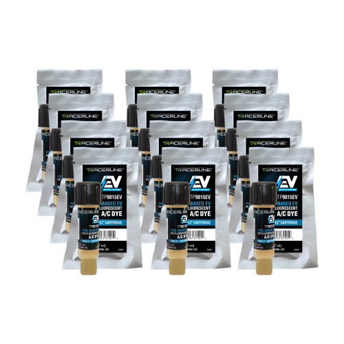 (12) 0.25 oz (7 ml) Mini-EZ™ Single-Dose POE-Based EV/Hybrid A/C dye cartridges (compatible with R-134a and R-1234yf systems)