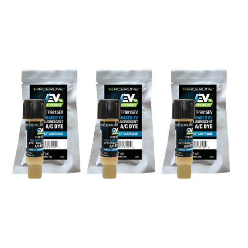 (3) 0.25 oz (7 ml) Mini-EZ™ Single-Dose POE-Based EV/Hybrid A/C dye cartridges (compatible with R-134a and R-1234yf systems)