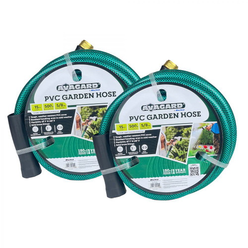 Avagard PVC Water Hose Assembly 5/8" X 15', 3/4" Male and Female GHT Fittings.  500 PSI Burst Rating.  Includes Extra Washer and Bend Restrictor.  2 Pack - BLB-AVGPV5815-2PK