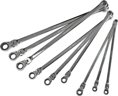 PG153 - 9-PC 12-PT. & SPLINE SAE RATCHETING FLEXIBLE HEAD EXTRA LONG DOUBLE BOX WRENCH SET, 72-TOOTH, 5-1/6"-3/4"