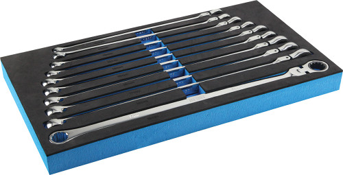 PG153 - 10-PC 12-PT. & SPLINE METRIC RATCHETING FLEXIBLE HEAD EXTRA LONG DOUBLE BOX WRENCH SET, 72-TOOTH, 10-19MM