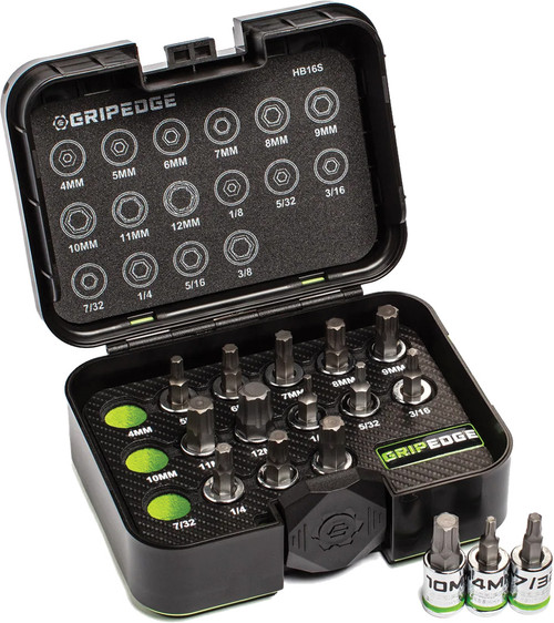 PG3 - 16-PC 3/8" DRIVE SHORT METRIC & SAE RPT HEX DRIVER SET, 4-12MM & 1/8"-3/8"